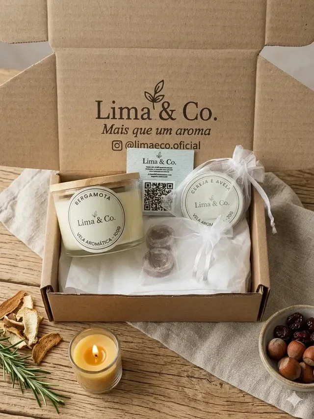 Caixa kraft Lima & Co. com vela, pastilhas aromáticas e cartão